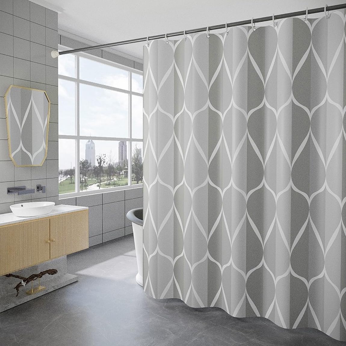 Shower Curtain for Bathroom 200 x 200 cm Anti-Mould Mildew Resistant Waterproof Polyester Fabric Geometric Shower Curtain Liner Long Bath Curtain with Hooks, Washable and Weighted Hem — view 7
