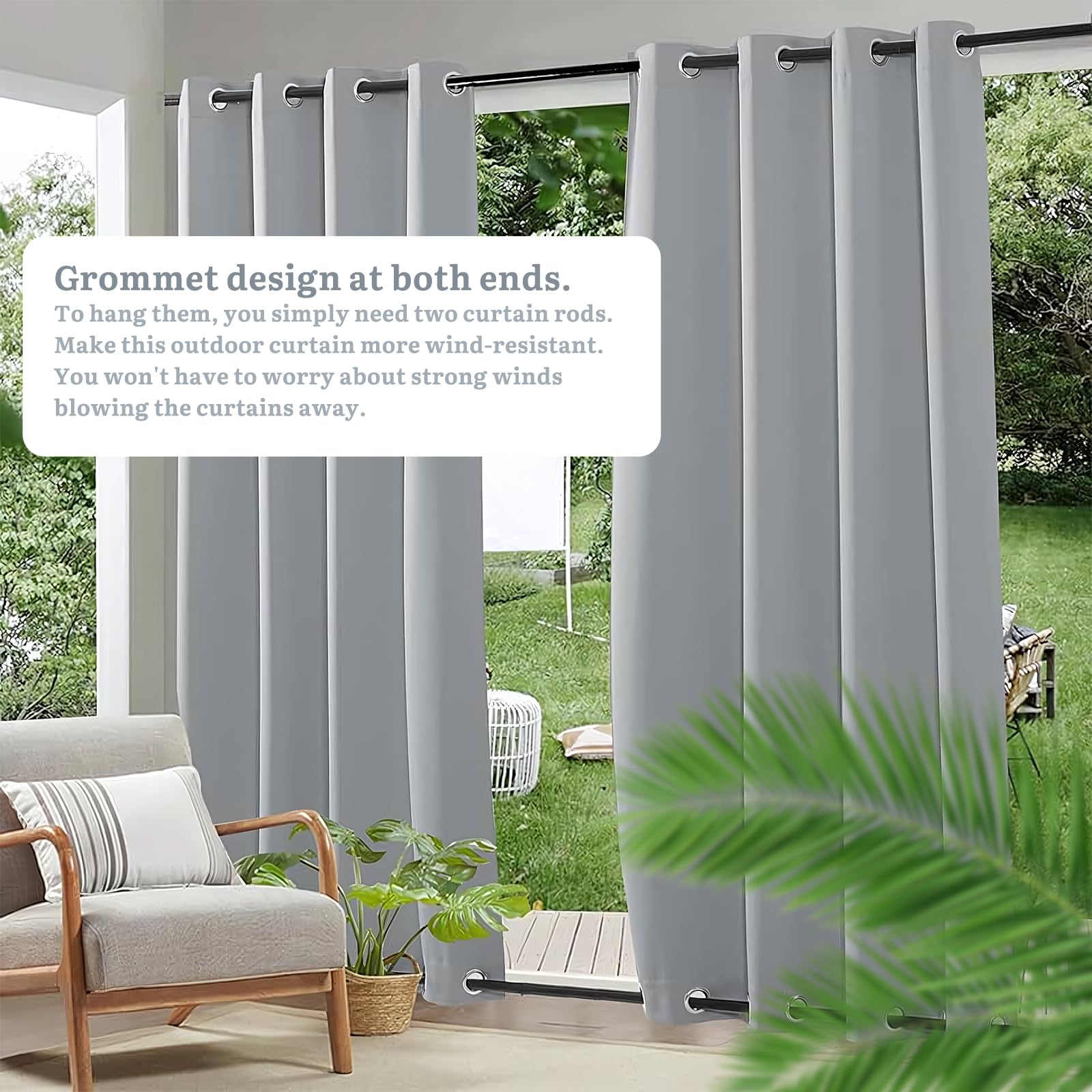Rideau Extérieur Imperméable 254 x 213 cm (L x H), Rideaux Pergola Extérieur avec Œillets Haut et Bas, Résistant aux Intempéries, pour Pergola, Terrasse, Jardin, Tonnelle, 1 Panneau, Gris Clair
