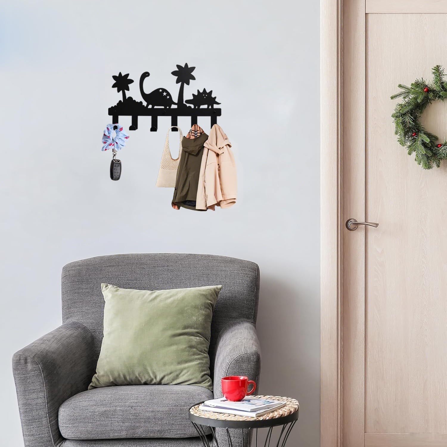 Dino-Kinder-Garderobenhaken | Porte-manteau mural pour enfants avec 6 crochets | Porte-vêtements et porte-clés universel pour chambre d'enfant | Acier inoxydable (40 cm, Noir) | Entrée & garde-robe