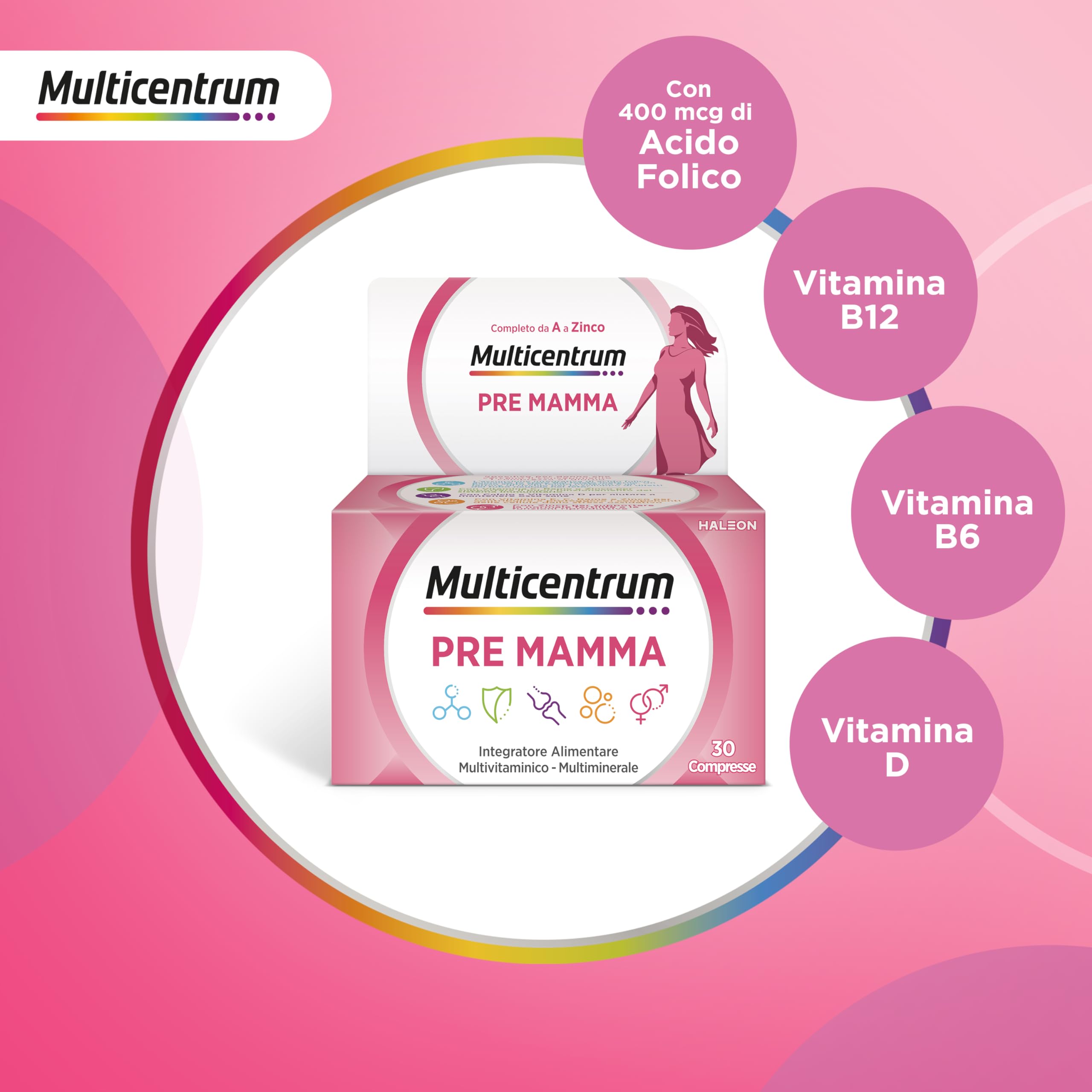 Multicentrum Pre-Mamma Integratore Alimentare Multivitaminico Completo con Acido Folico per le Donne che stanno Programmando una Gravidanza, 30 compresse