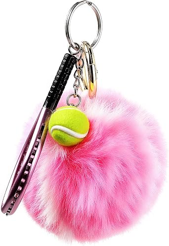 Cute Pom Pom Tennis Ball Key Chain Colorful Tennis Racket Key Rings Sports Gift for Women Men