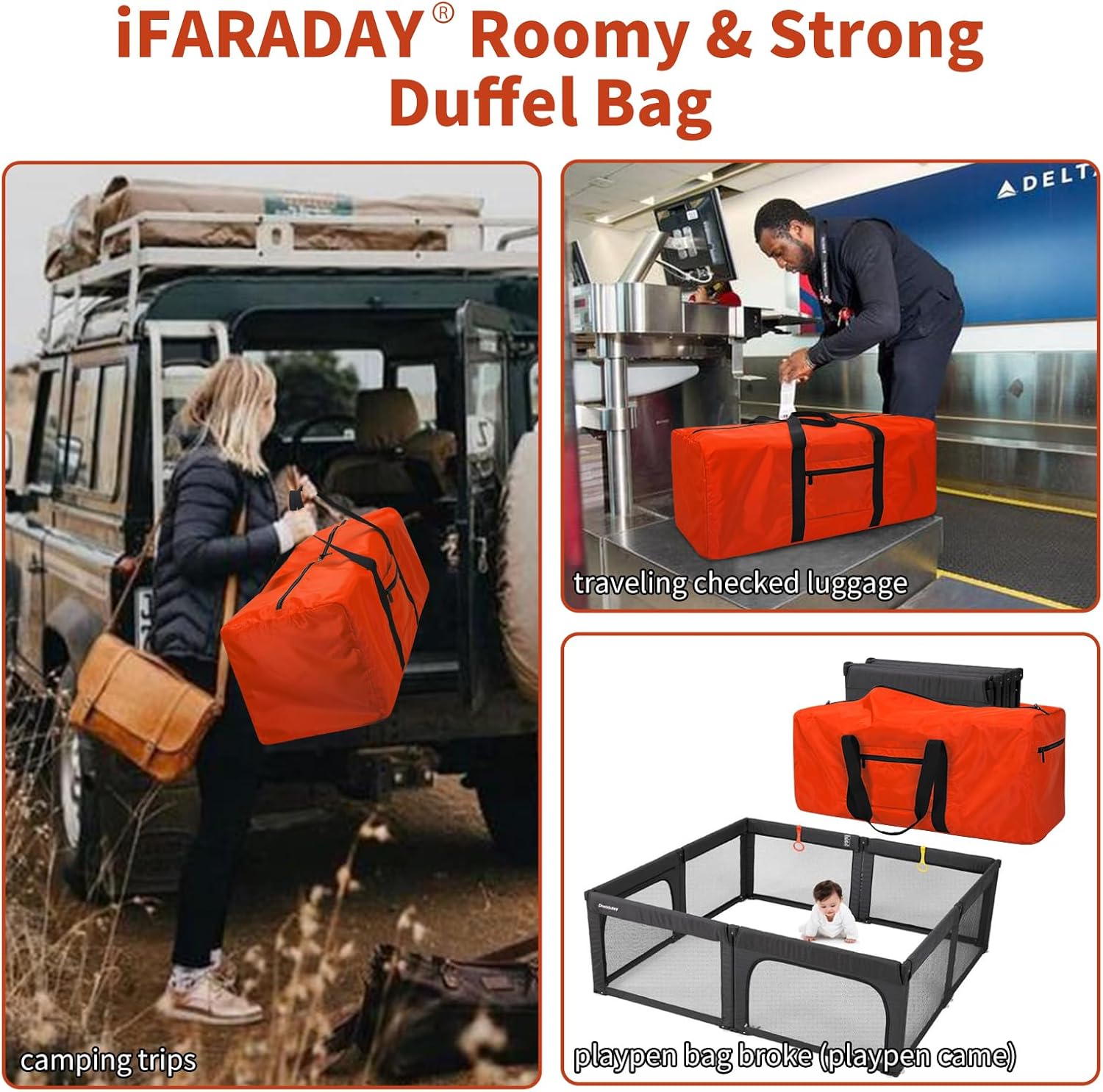 Foldable Duffle Bag for Travel - 75L Large Spare Travel Duffel Bag Lightweight with Trolley Sleeve - Orange - Image 5