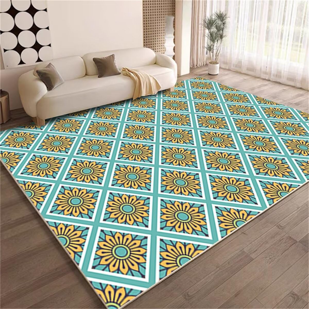Tapis bleu à fleurs jaunes et design géométrique résistant 120x170
