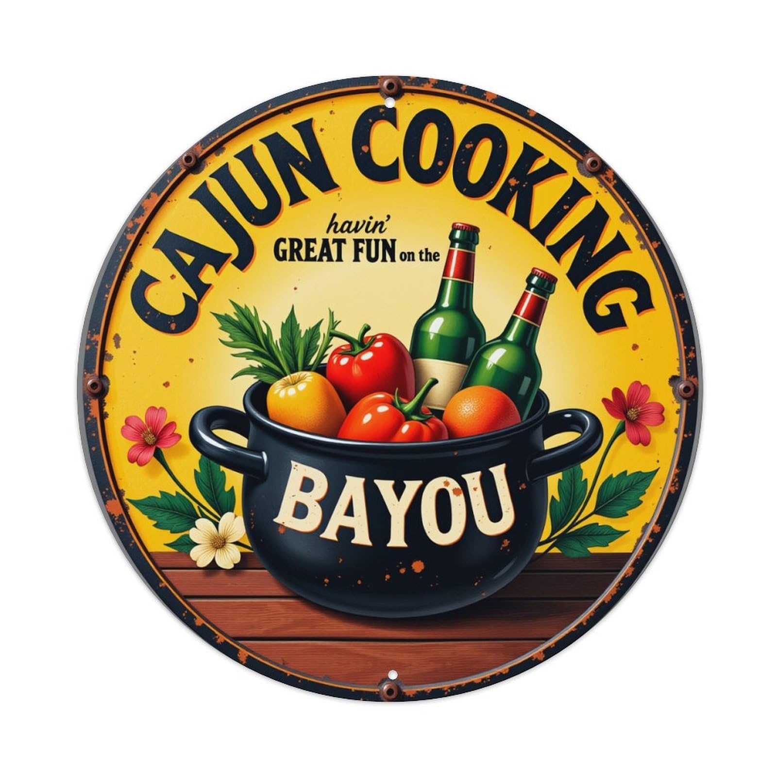 Cajun Cooking Bayou Fun Great Round Tin Sign Vintage Metal Poster, Home Bar Garage Man Cave Cafe Indoor & Outdoor Wall Decoration 8x8Inches