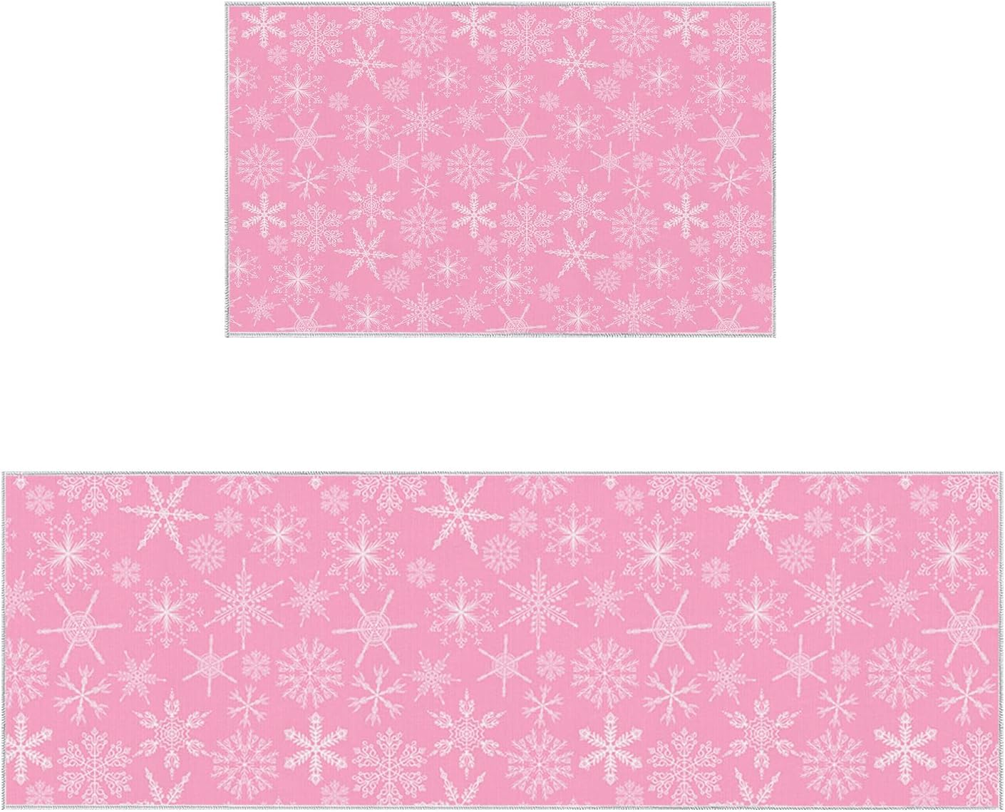 Kitchen Mat 2 Pieces, Christmas Winter Snowflake Pink Kitchen Rugs and Mats Non Slip Runner Rug Washable Floor Mats for Kitchen Home 18" x 30" + 18" x 48"