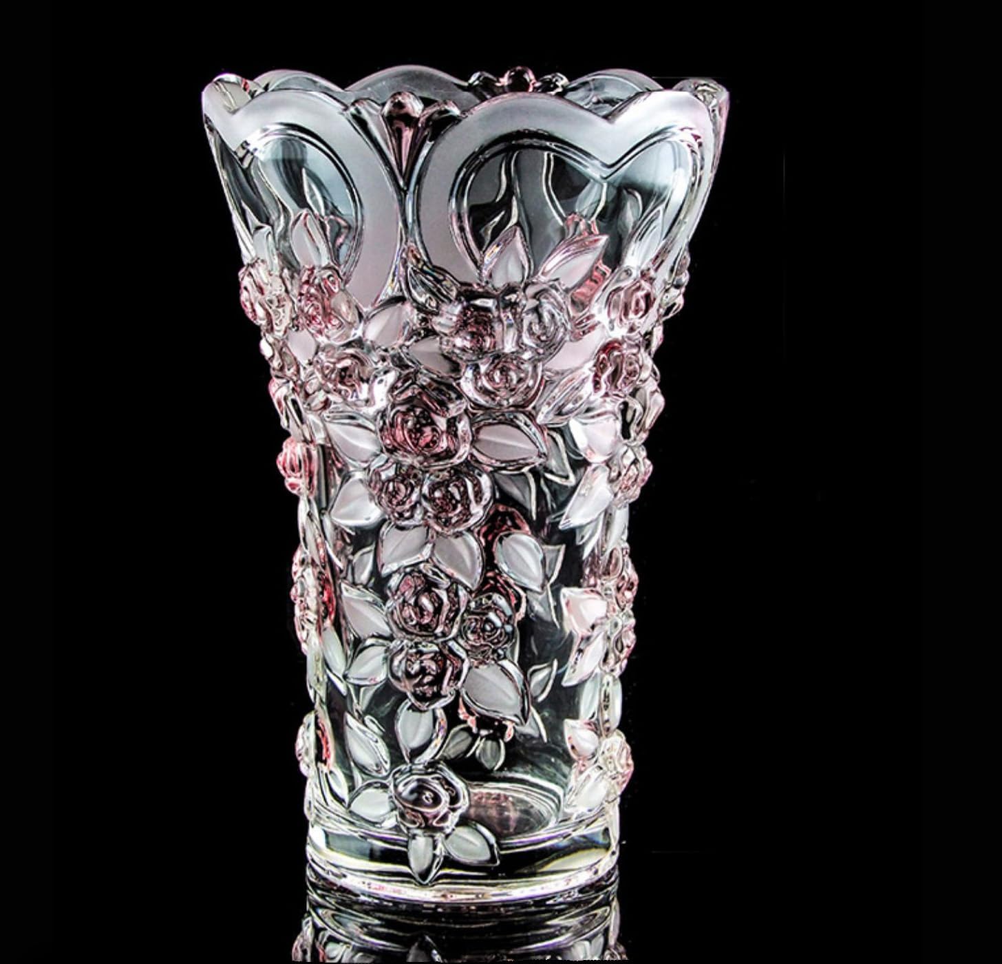 Large Crystal Glass Pink Vase 11.8" Tall, Unique Design -Pink Plum Blossoms Vase. Modern Vases for Living Room, Bedroom, Kitchen, Dining Table, Mantle, Wedding,