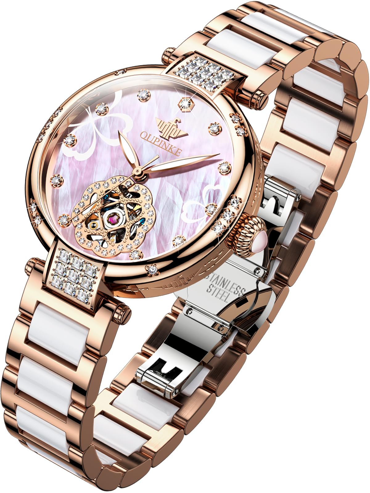 OUPINKE Reloj automático para mujer, con diamantes de cerámica, de oro rosa, elegante, con esqueleto, grabado, mecánico, automático, resistente al agua, luminoso, Banda de oro rosa y esfera rosa