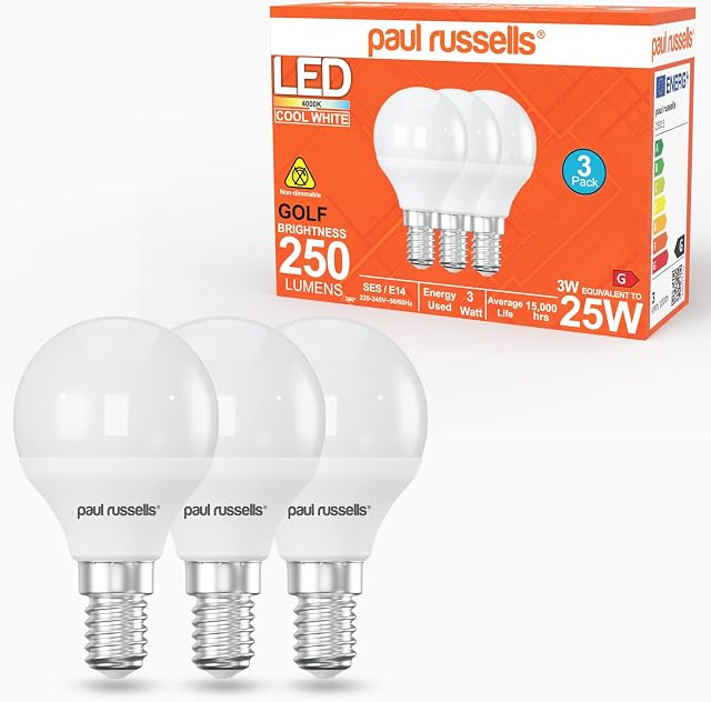 paul russells LED Light Small Edison Screw E14, 25w Bulb, 3W 250LM LED Bulbs, 4000K Cool White Lamps, Classic Frosted G45 SES Golf Energy Saving Chandelier Lightbulbs, Pack of 3
