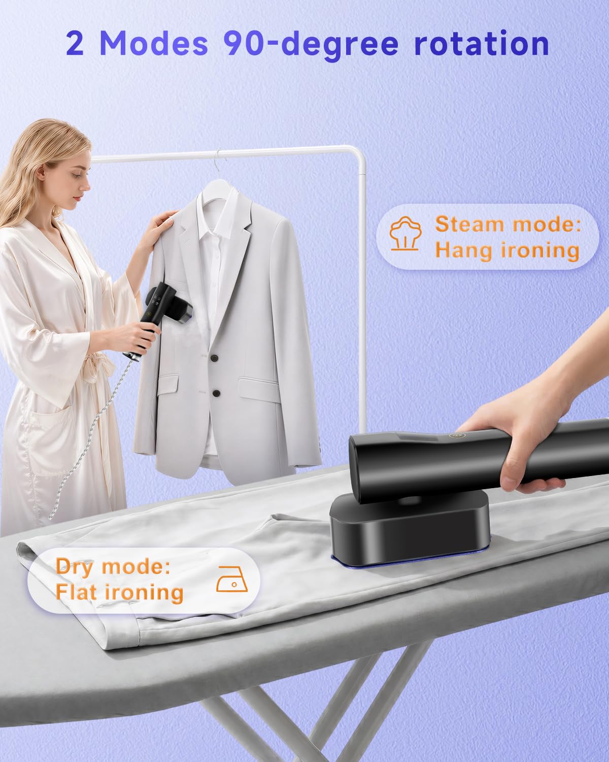 Dampfglätter, Steamer Dampfglätter & Reisebügeleisen 2-in-1,1200 W Leistung, 15 s schnelles Aufheizen, mit LED-Display, 3 Dampfmodi, Lila