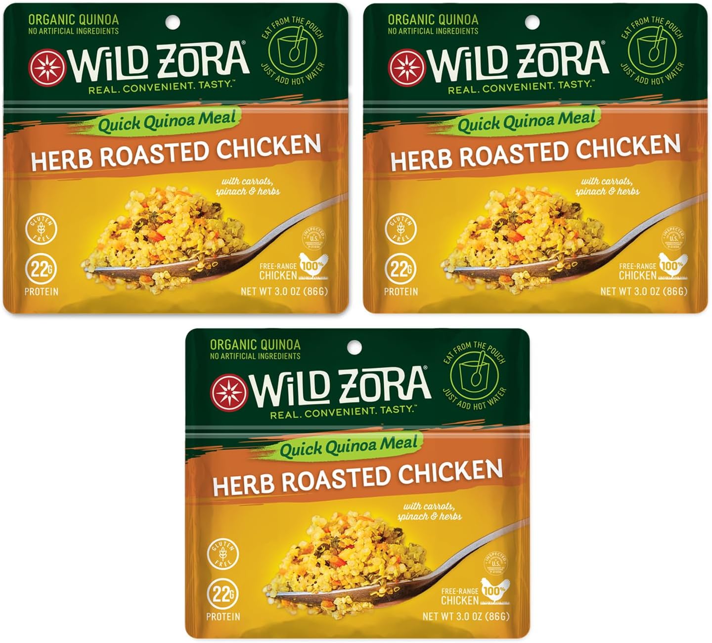 Wild Zora Instant Organic Quinoa Meals - Quick & Tasty Prepared Quinoa Bowls, Pantry Staples Gluten-Free Meal with Lentils Plus 10g Olive Oil Packet - Herb Roasted Chicken (3-Pack)