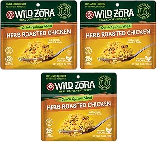 Wild Zora Instant Organic Quinoa Meals - Quick & Tasty Prepared Quinoa Bowls, Pantry Staples Gluten-Free Meal with Lentils Plus 10g Olive Oil Packet - Herb Roasted Chicken (3-Pack)