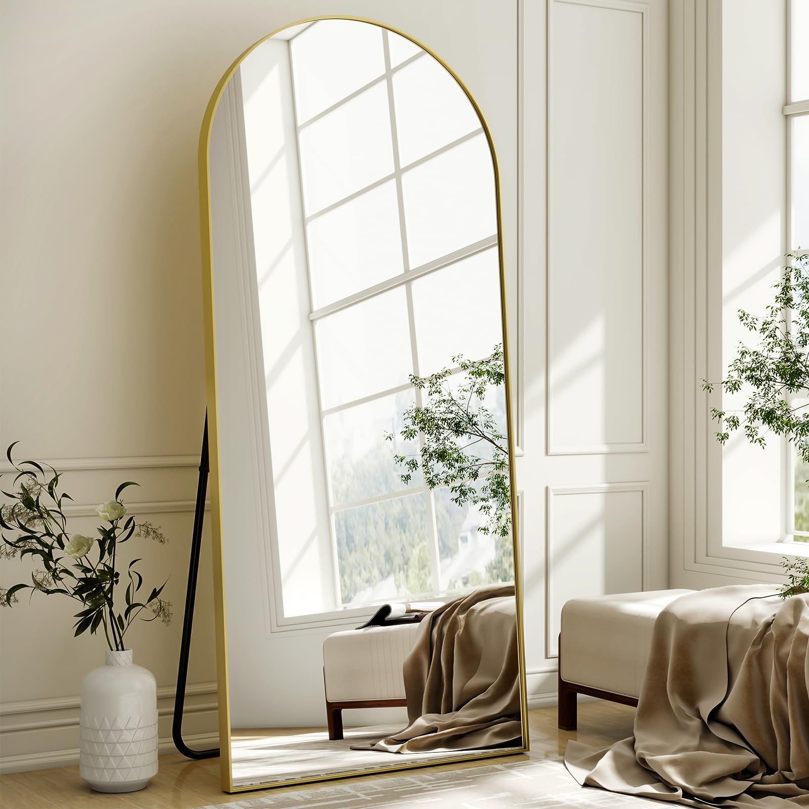 BEAUTYPEAK Arched Full Length Mirror 165x60 cm, Aluminum Frame, Standing Hanging or Leaning, Shatterproof, for Living Room Bedroom, Gold — image 1
