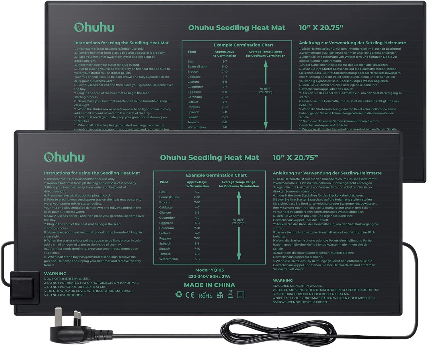 Ohuhu Seedling Heat Mat Heated Propagator 2 Pack, Plant Heating Mat Plant Warm Mat IP67 Waterproof, 21W Hydroponic Heating Pad Greenhouse Heating Pad for Seedling and Germination 10"x 20.75"