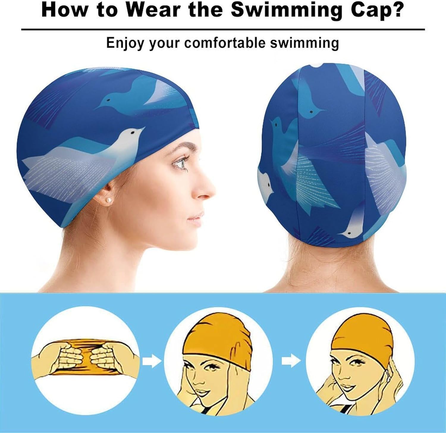 Pigeons Blue Geometry Womens Swim Cap for Men Adult Swimming Hat Curly Short Medium Long Hair