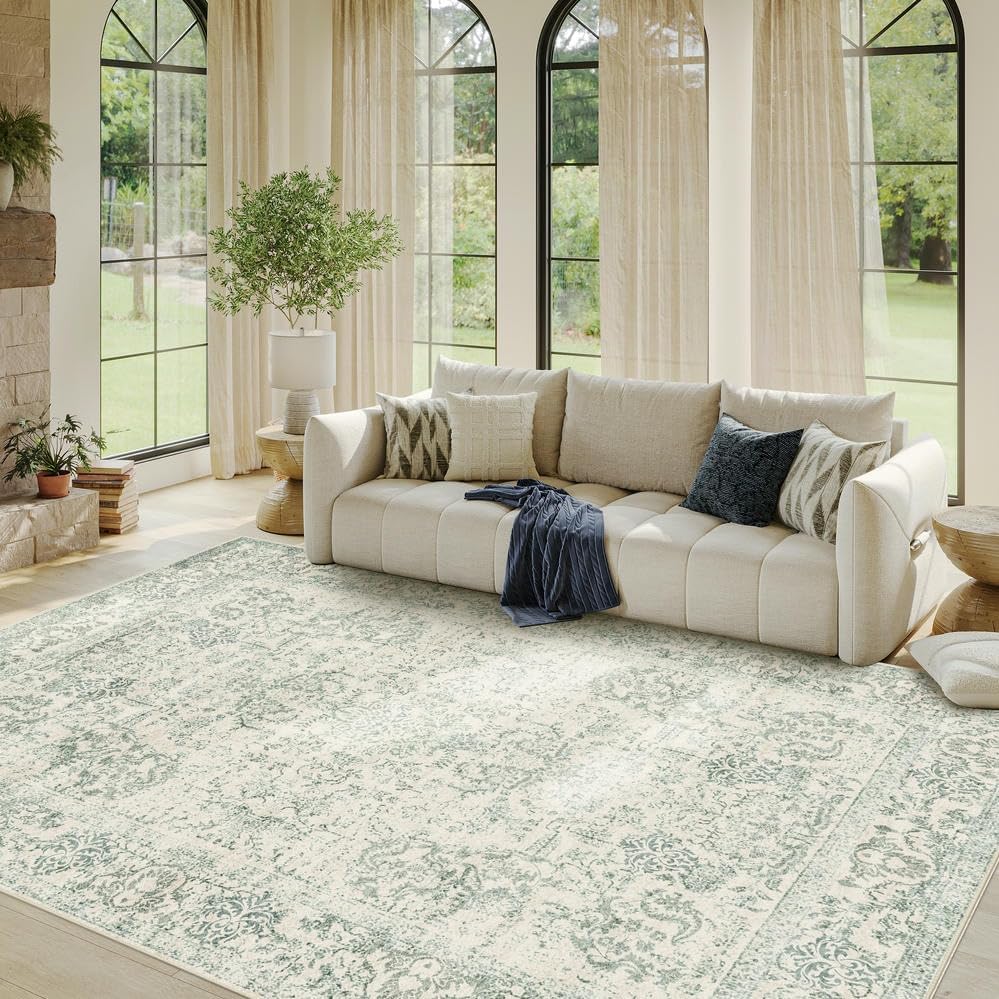 5X7 Washable Area Rug for Living Room, Vintage Large Boho Rugs for Office, Dining Room, Kids Room, Farmhouse, Durable Low Pile Non Slip Carpet for High Traffic Areas, Light Green