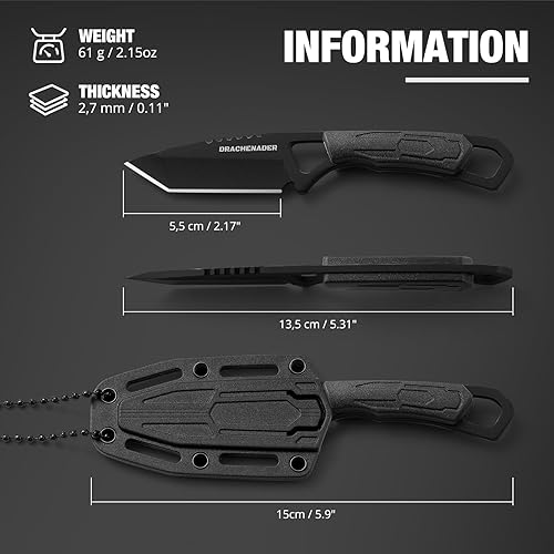 Vista 30 de Fulltang - Cuchillo de cuello pequeño, pequeño cuchillo de cuello Tanto con funda y collar, mini cuchillo para exteriores, negro A-Negro