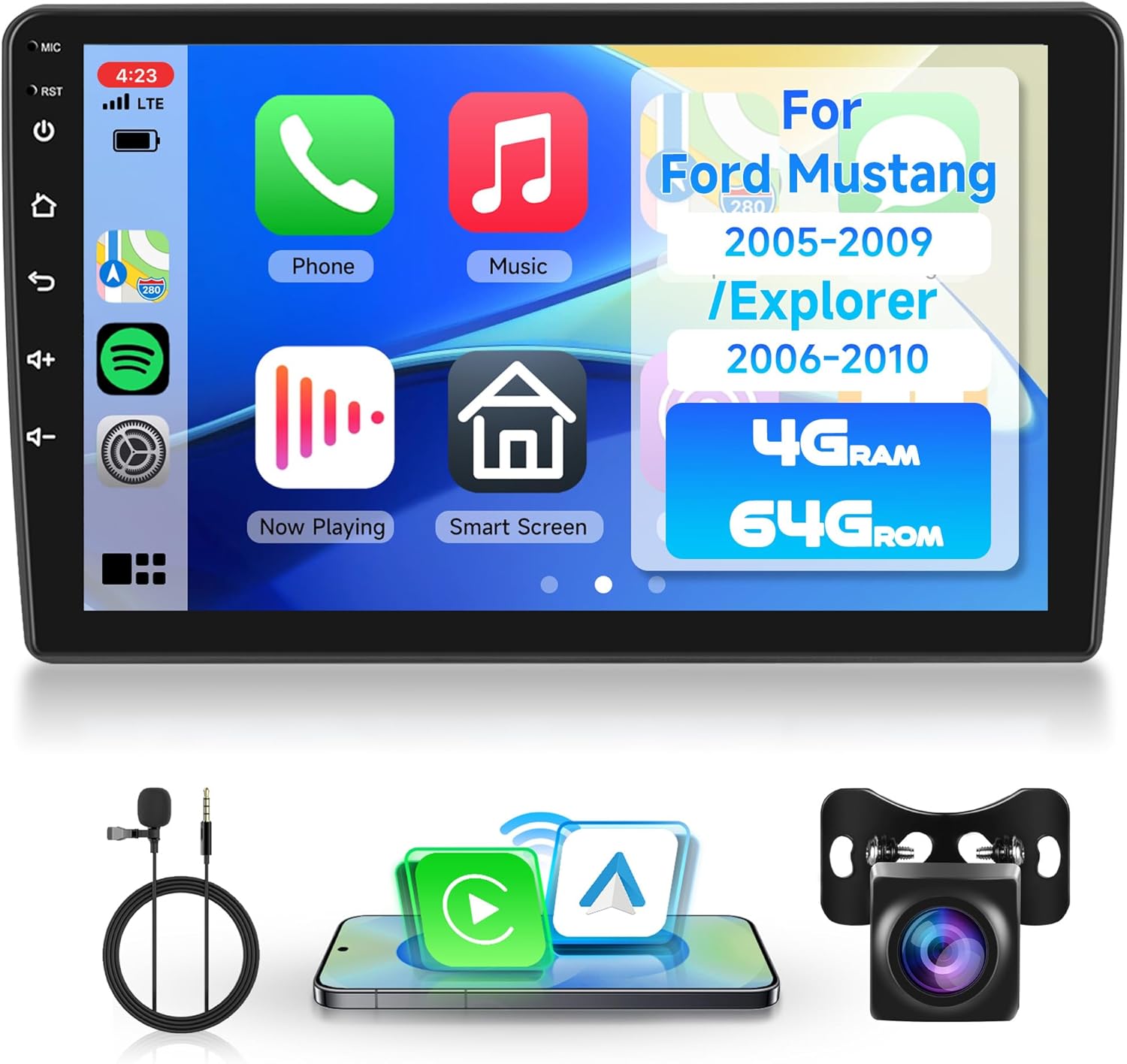 Rimoody 4G+128G Android 15 Car Stereo for Ford Explorer 2006-2010/Mustang 2005-2009 Wireless Carplay Android Auto, 10.1'' In-Cell Screen Head Unit with GPS/Bluetooth5.0/FM/EQ/5G-WiFi Backup Camera SWC