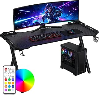 LED Gaming Schreibtisch mit Kohlefaserbeschichtung Ergonomischer Computertisch mit RGB-Beleuchtung Gaming Tisch mit Y-förmige Tischbeine PC Tisch mit Kopfhörerhalter - Schwarz 160x60x75cm