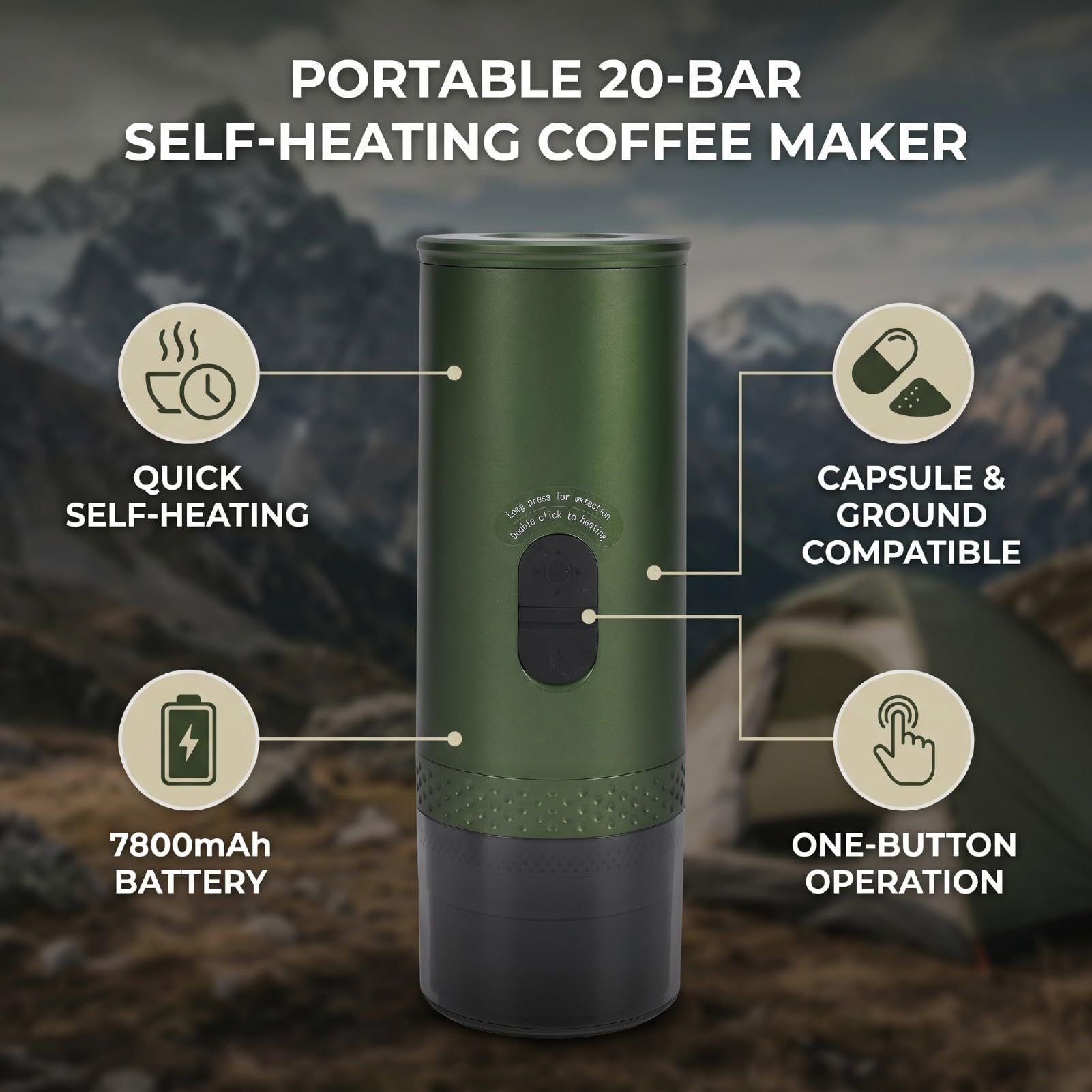 Naroote Tragbare Kapsel-Kaffeemaschine mit 20 bar Druck und Selbstheizung | 50 ml in 3–4 Minuten, Speicher mit 7800 mAh und Autoladegerät, für Gemahlenen Kaffee oder Kapseln Geeignet, Edelstahl