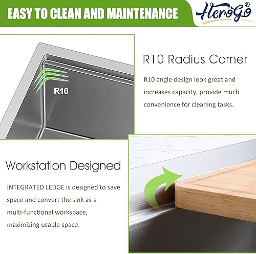 Miniatura 6 de Herogo Fregadero de cocina de un solo cuenco de 33 x 22 pulgadas con grifo de cocina, fregadero de acero inoxidable calibre 1810 16, montaje