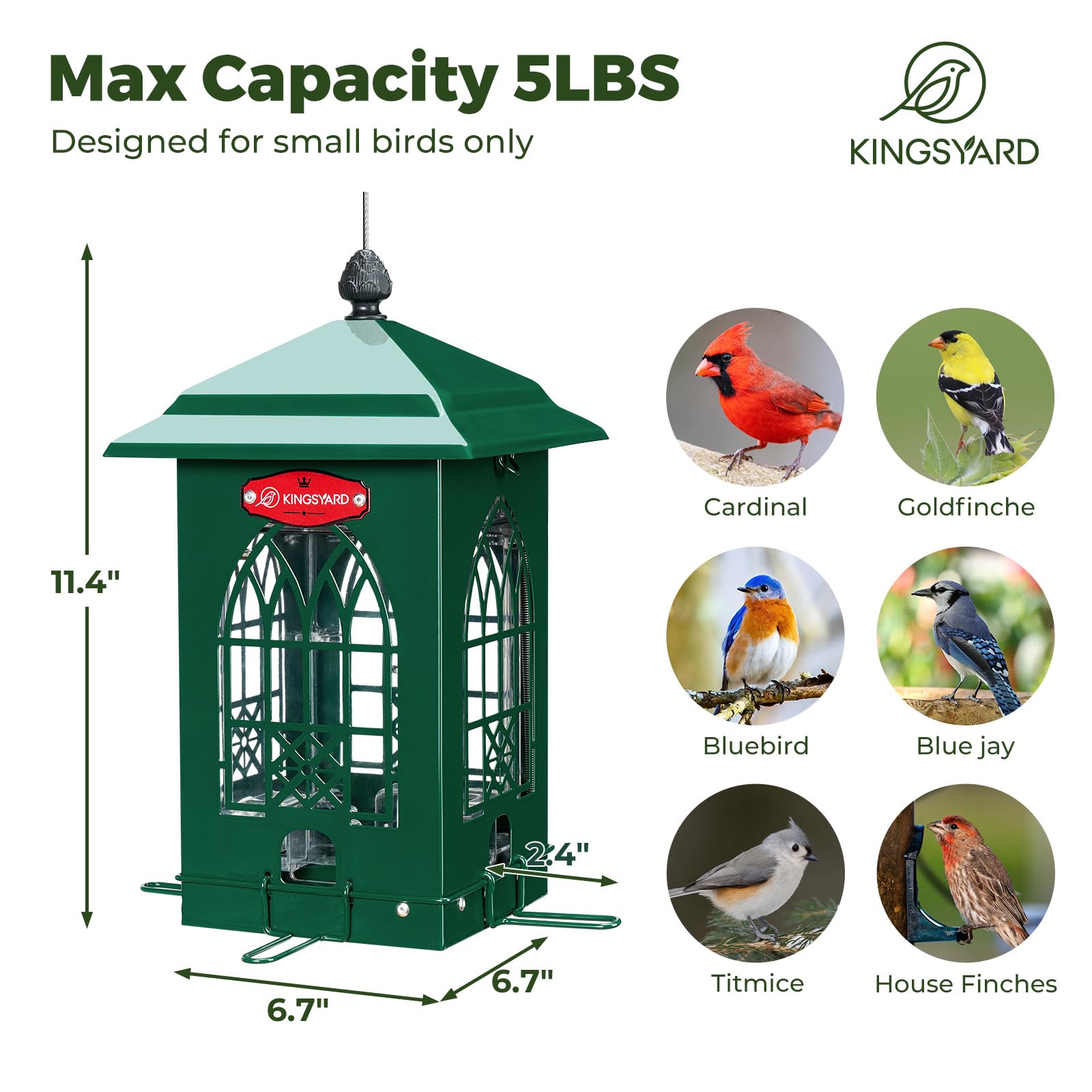 Kingsyard Comedero para pájaros a prueba de ardillas para exteriores con perchas activadas por peso, capacidad de 5 libras, comedero de metal grande para pájaros silvestres pequeños, pinzón cardenal