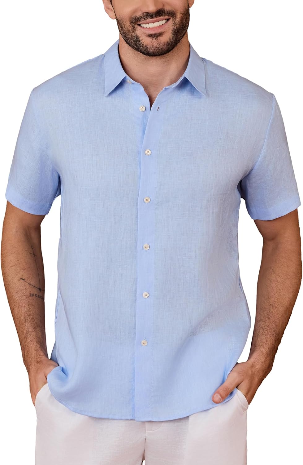 Kallspin Men's 100% Linen Button Down Shirts Casual Short Sleeve Tops Collared Summer Beach Shirts