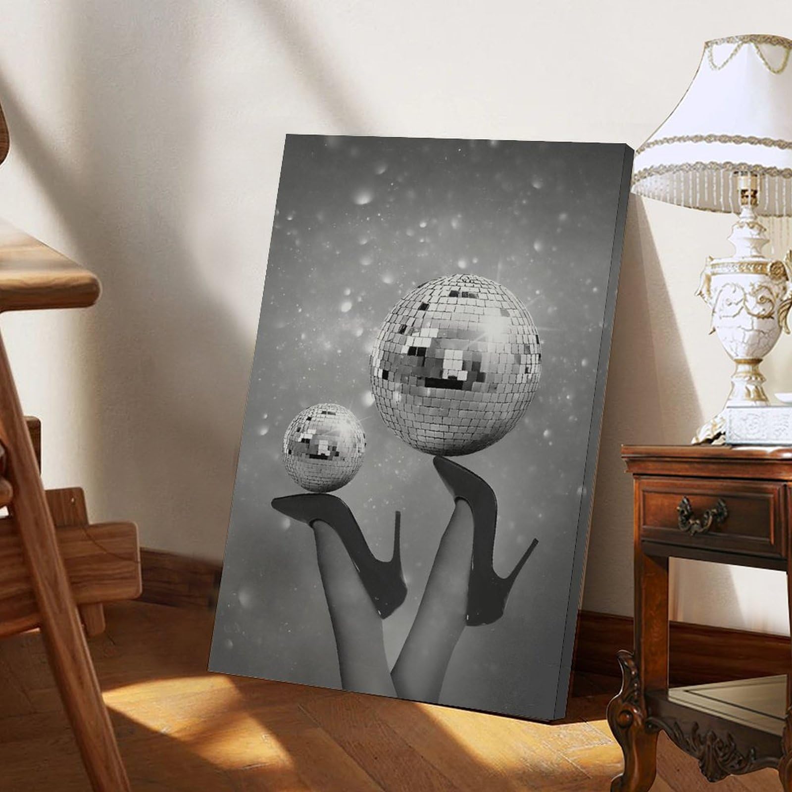 Black And White Disco Ball Poster Funky Retro Disco Posters Vintage Disco Ball Painting Trendy Party Wall Art for Modern Bar Dorm Bedroom Decor Frame-style 20x30inch(50x75cm)