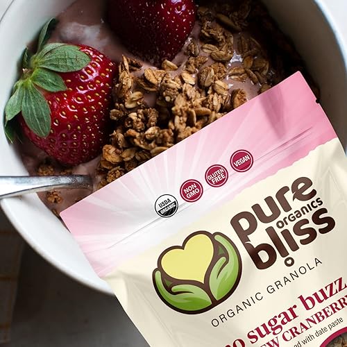 Miniatura 8 de Pure Bliss Granola orgánica baja en azúcar (anacardos arándanos) sin gluten, vegana, sin OMG, bajo nivel glucémico, mejor sabor sin azúcar añadido,