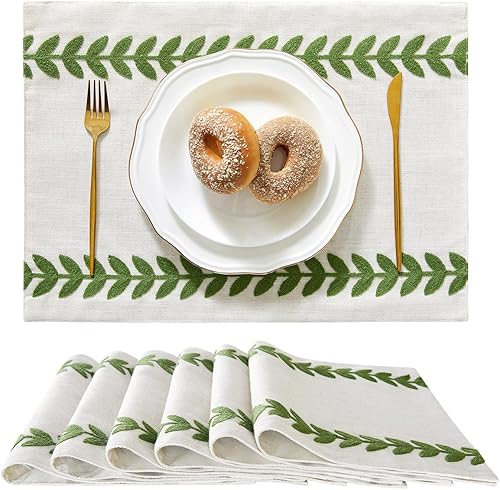 Miniatura 17 de Wracra Manteles bordados, juego de 4 manteles de 13 x 18 pulgadas, manteles rústicos irregulares de sauce para mesa de cocina y resistentes al Verde