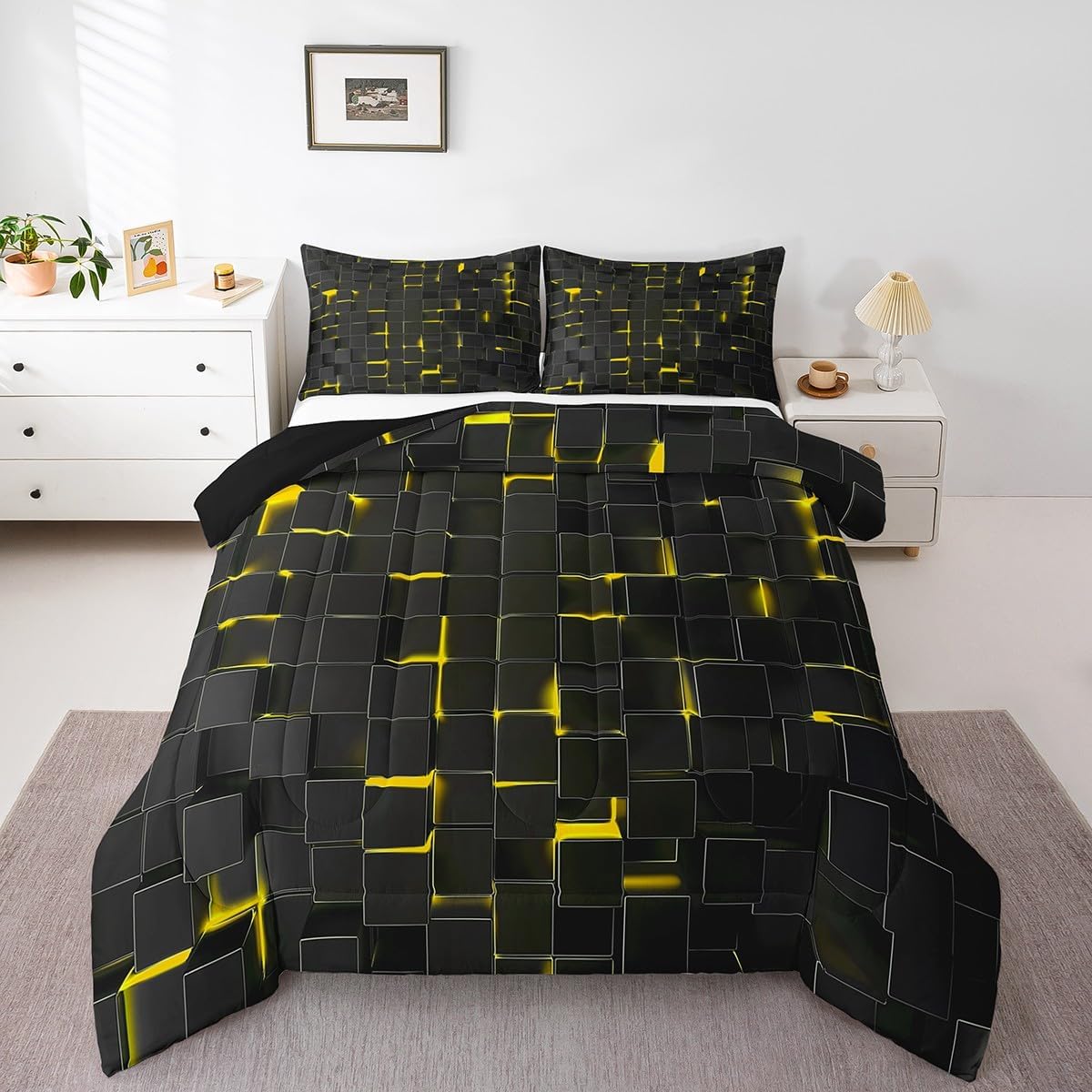 Erosebridal Yellow and Black Kids Comforter Set Toddler Geometric Check Bedding Set for Boys Teens Black Simple Checked Bedding Comforter Sets Modern Style Quilt Duvet Room Decor
