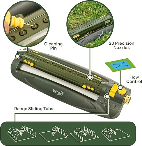 Miniatura 2 de Vego Aspersor oscilante turbo con base de metal y 20 boquillas de precisión, ajustable en 3 vías para cubiertas de patio y césped grandes de hasta