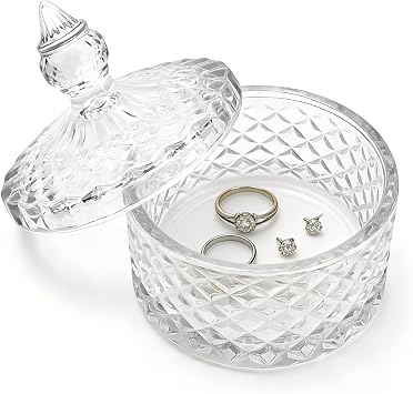 Glass Jewelry Box, Crystal Candy Dish with Lid, Ring Box, Small Trinket Dish, Jewelry Organizer Dish with Lid, Decorative Jewelry Bowls for Home Decor, Christmas Birthday Gifts for Women Diamond