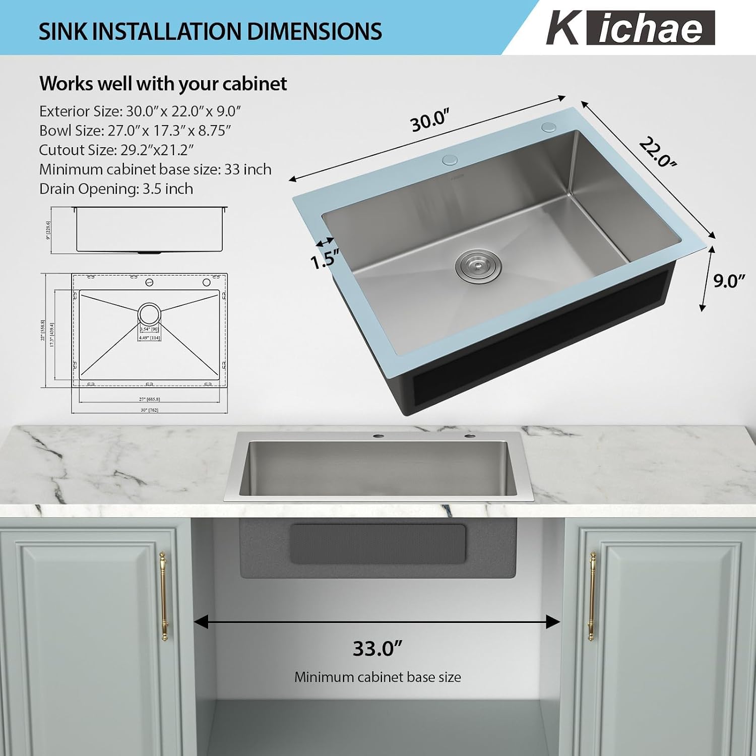 Kichae 30 Inch Drop In Kitchen Sink - Stainless Steel Kitchen Sinks with Wide Lip 30x22x9 Inch Drop In Topmount Overmount Single Bowl Handmade Basin