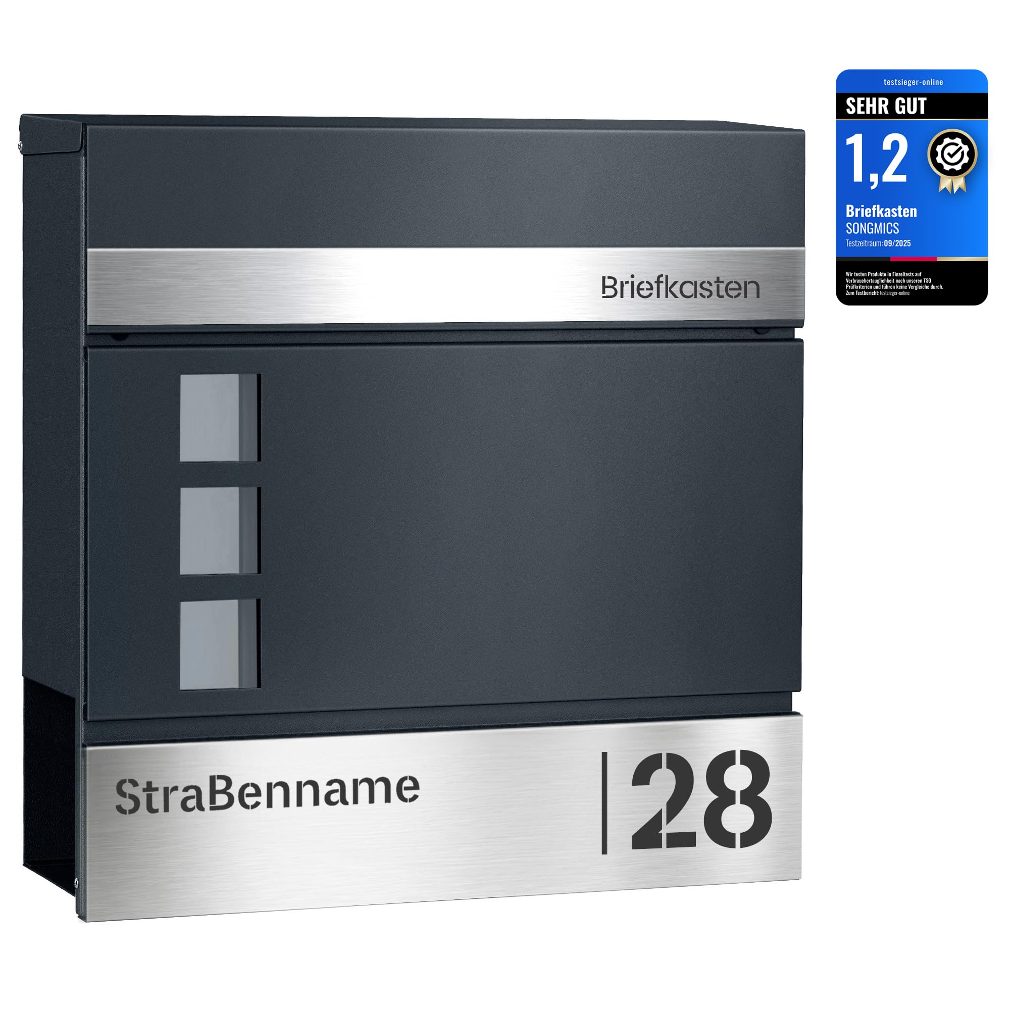 SONGMICS Briefkasten personalisiert, lasergraviertes Namensschild und Hausnummernschild, Postkasten, Zeitungsfach, V-förmiges Sichtfenster, Schloss, modern, anthrazit-silbern GMB081G01