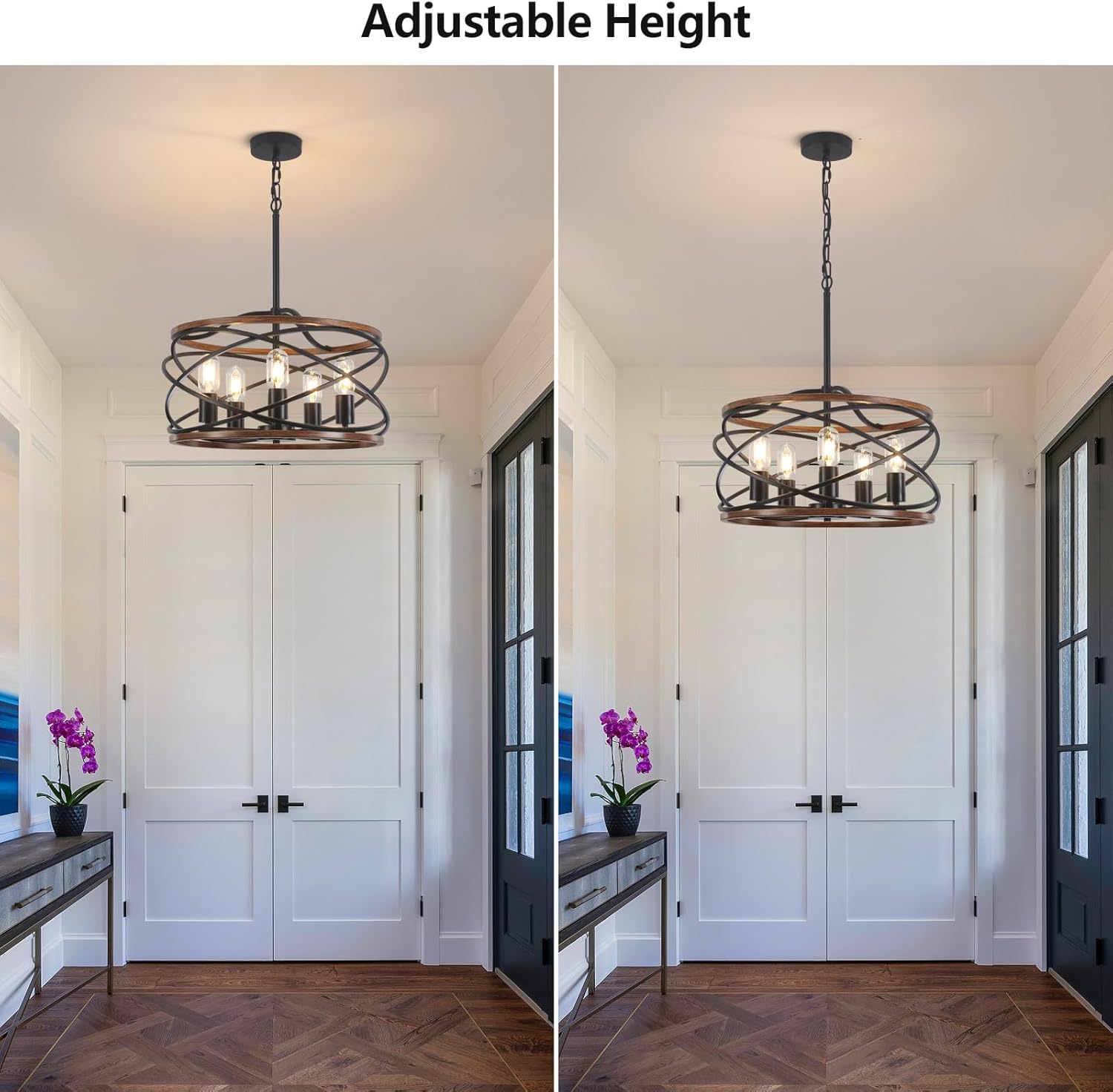 19.7'' Farmhouse Industrial Chandelier for Dining Room, 5-Light Rustic Black and Brown Metal Wood Texture Drum Chandeliers Hanging Light Fixture for Entryway Kitchen Foyer Bedroom Living Room
