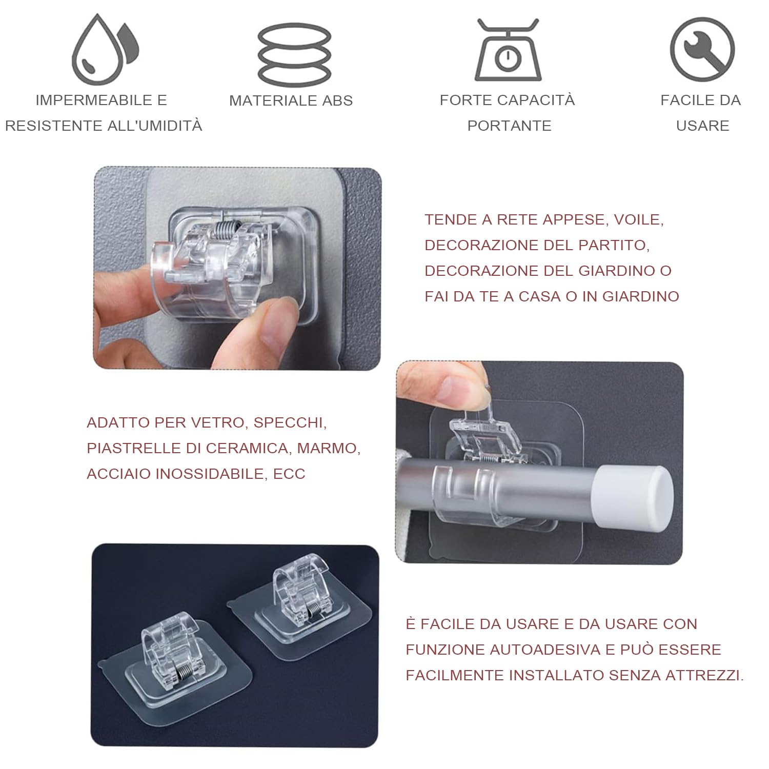 KOSHIFU 12 Staffe Autoadesive Per Asta Tende - Supporti Trasparenti Senza Foratura Per Finestre E Bagno - Foto 4