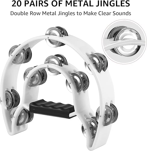 Miniatura 10 de Pandereta de doble fila, paquete de 2 panderetas de 10 pulgadas para adultos, instrumento musical de media luna con 20 cascabeles de metal,