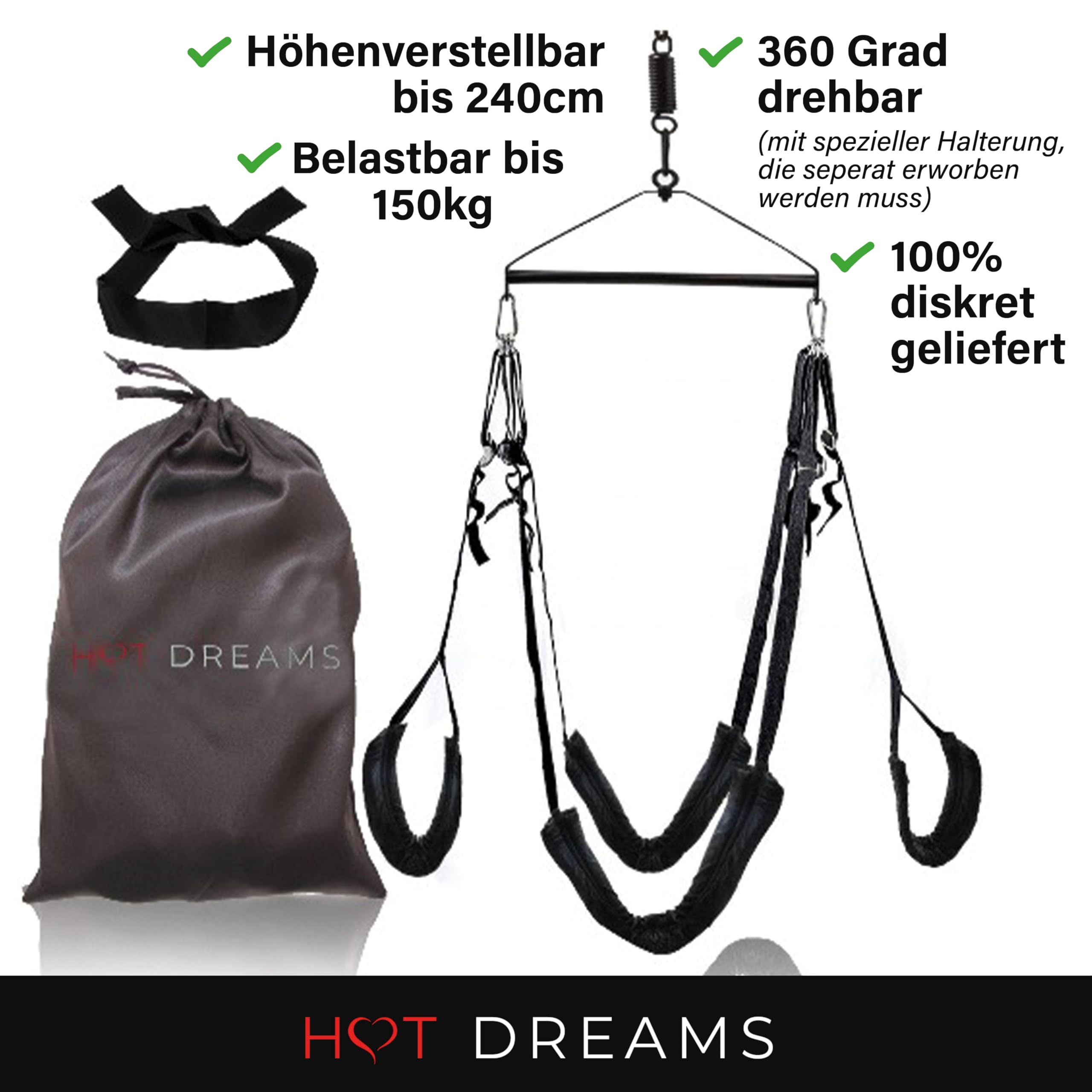 HOT DREAMS® Altalena 2 in 1 – Nuovi angoli, punti incontaminati e posizioni che prima erano impossibili | Altalena sessuale premium per coppie portata fino a 200 kg | girevole a 360° | per soffitto e