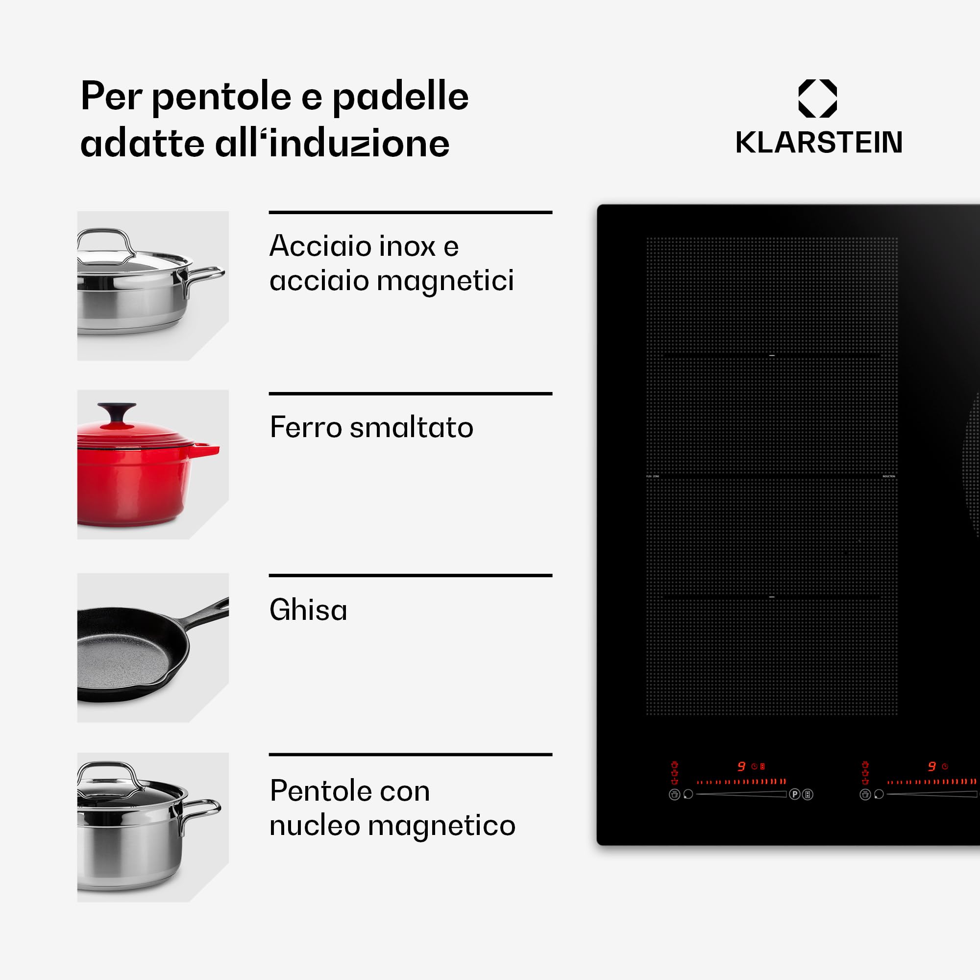 Klarstein Piano Cottura Elettrico 5 Piastre, Piasta Induzione 5 Fuochi a Basso Consumo, Piano Cottura Elettrico Vetroceramica con Zone Combinabili, Piastra Induzione 5 Fuochi Incasso Touch 9600W