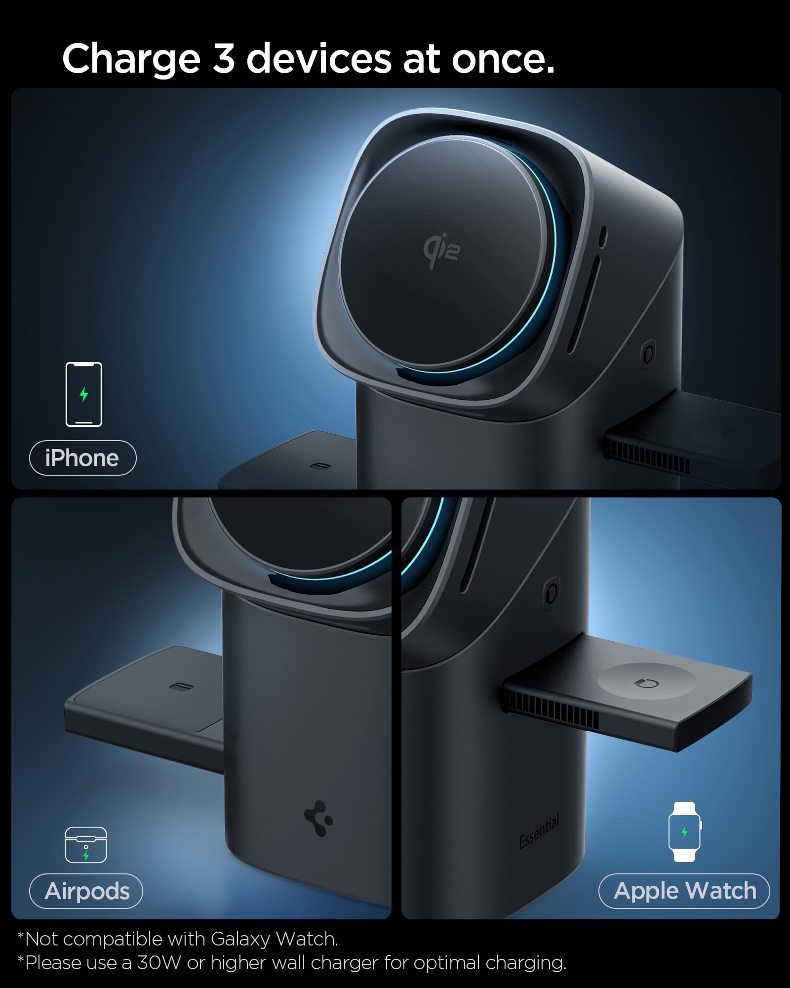 Spigen Essential MagFit Qi2 Caricatore Wireless 3-in-1 15W, Stazione di Ricarica Magnetica con Rotazione Touch per iPhone 17/16/15/14 Pro Max 17e Samsung Galaxy S26 Ultra Plus, AirPods e Apple Watch