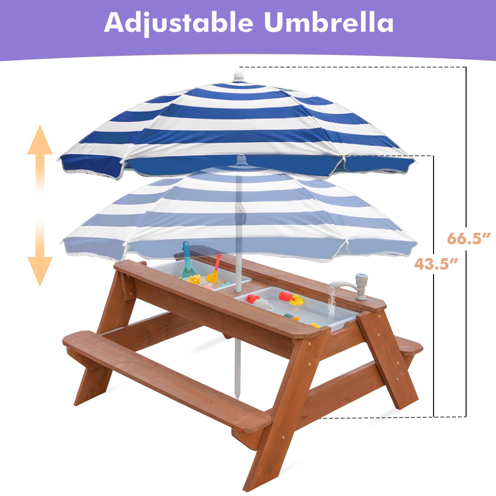 Kids - Tavolo da picnic 3 in 1 per attività in legno e acqua, per esterni, trasformabile, con ombrello, 2 scatole da gioco, parte superiore rimovibile, per esterni (Brown/Navy)