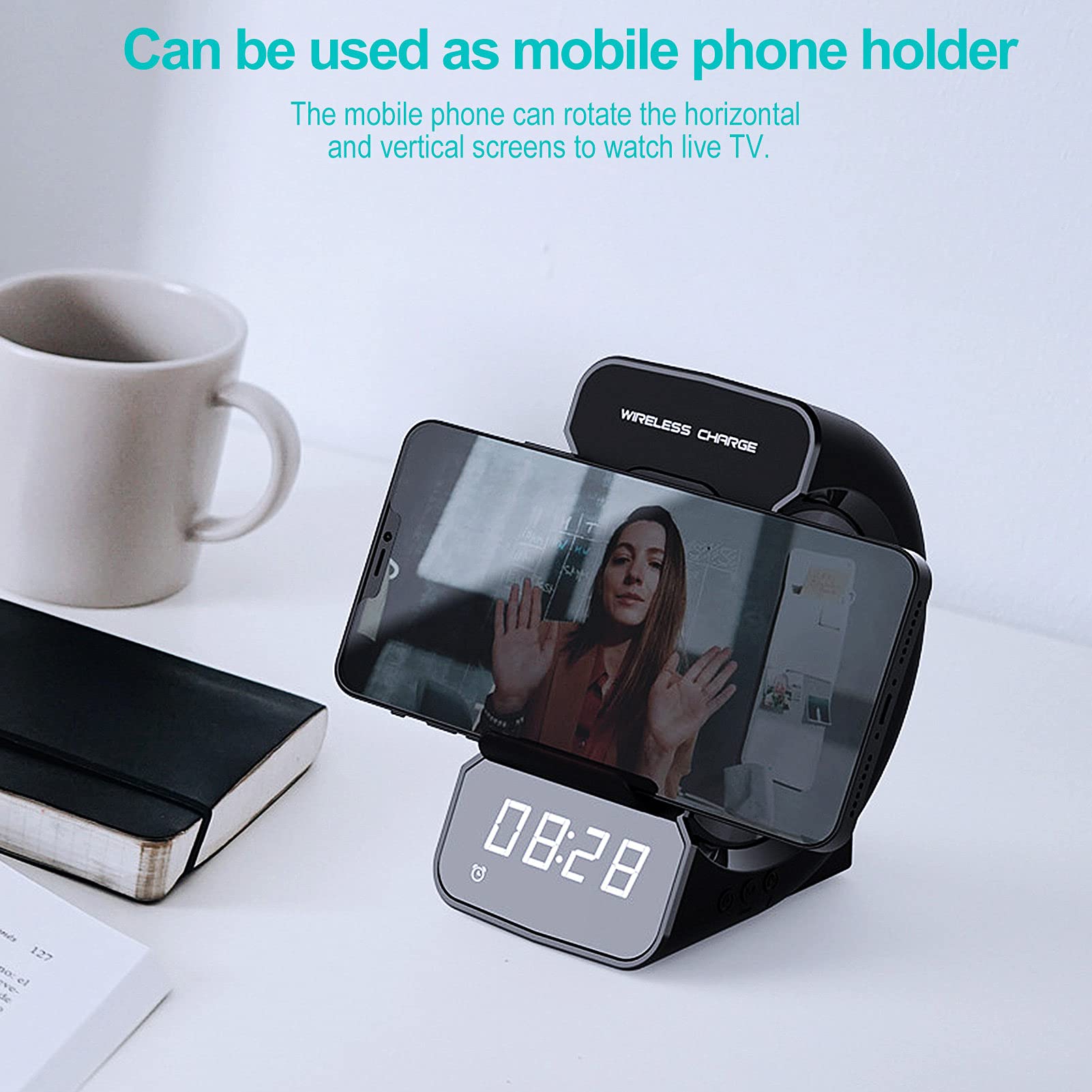 Cargador inalámbrico WD-200 Altavoz compatible con Bluetooth Pantalla LED digital Reloj despertador Estación de carga de radio con soporte para el dormitorio y la oficina