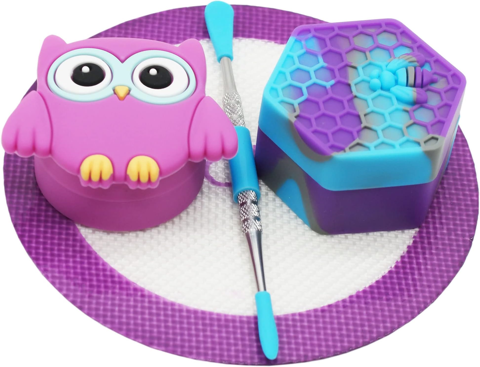 Wax Silicone Container 26ml Hexagon 11ml Owl with 4.98" Round Mat and 4.8" Stainless Steel Carving Tool (Purple)