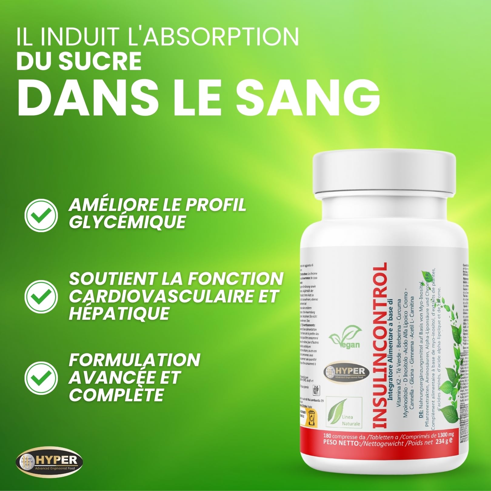 Hyper INSULINCONTROL 180 Comprimés - Complément alimentaire avec Berbérine, Cannelle, Gymnema, Myo Inositol - Taux de Glycémie, Métabolisme, Maintien des Niveaux Normaux de Glucose dans le Sang