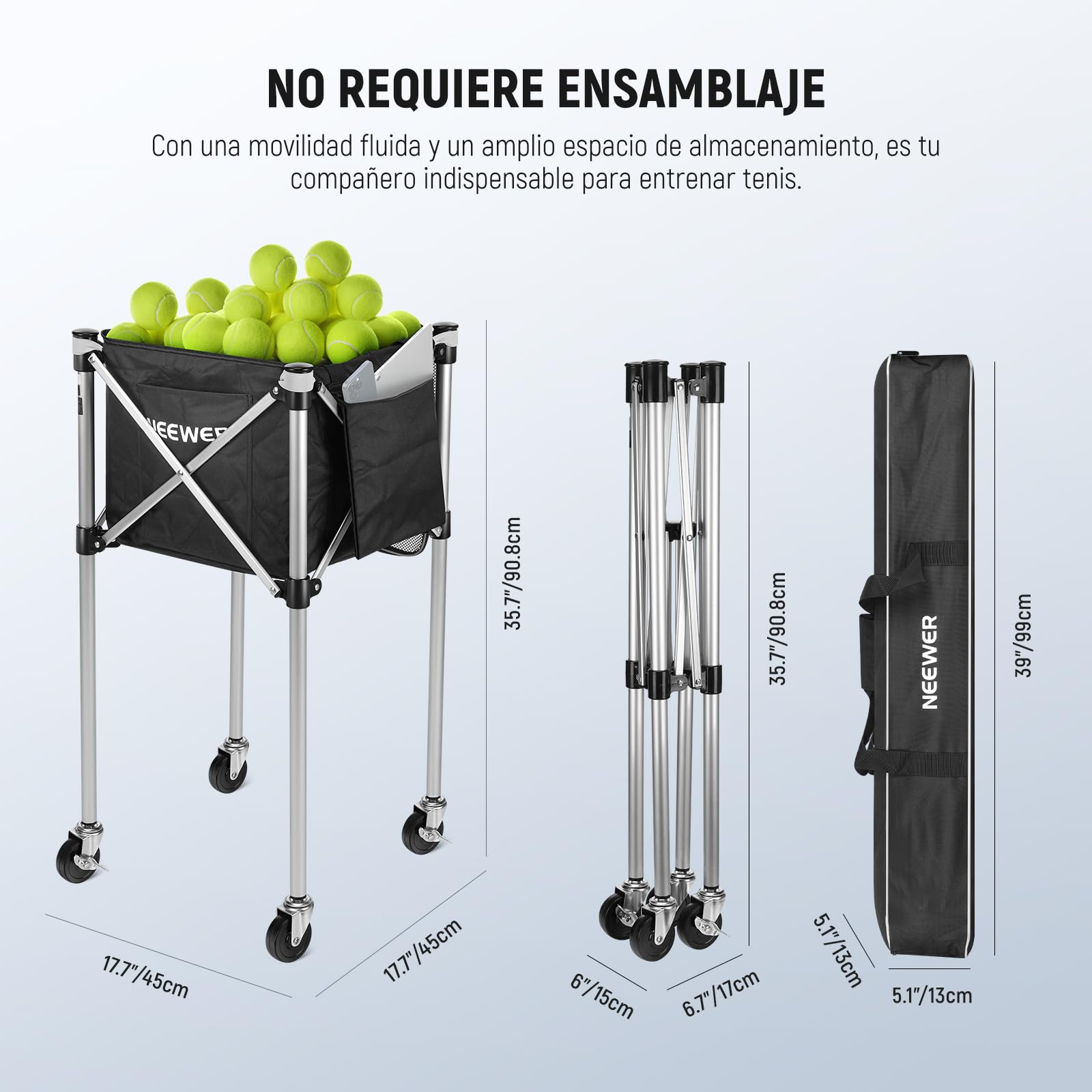 NEEWER Contenedor de Pickleball con Ruedas, Plegable Poliéster Picker Upper Hopper Carrying Basket Cart Holder con Bolsillo Lateral