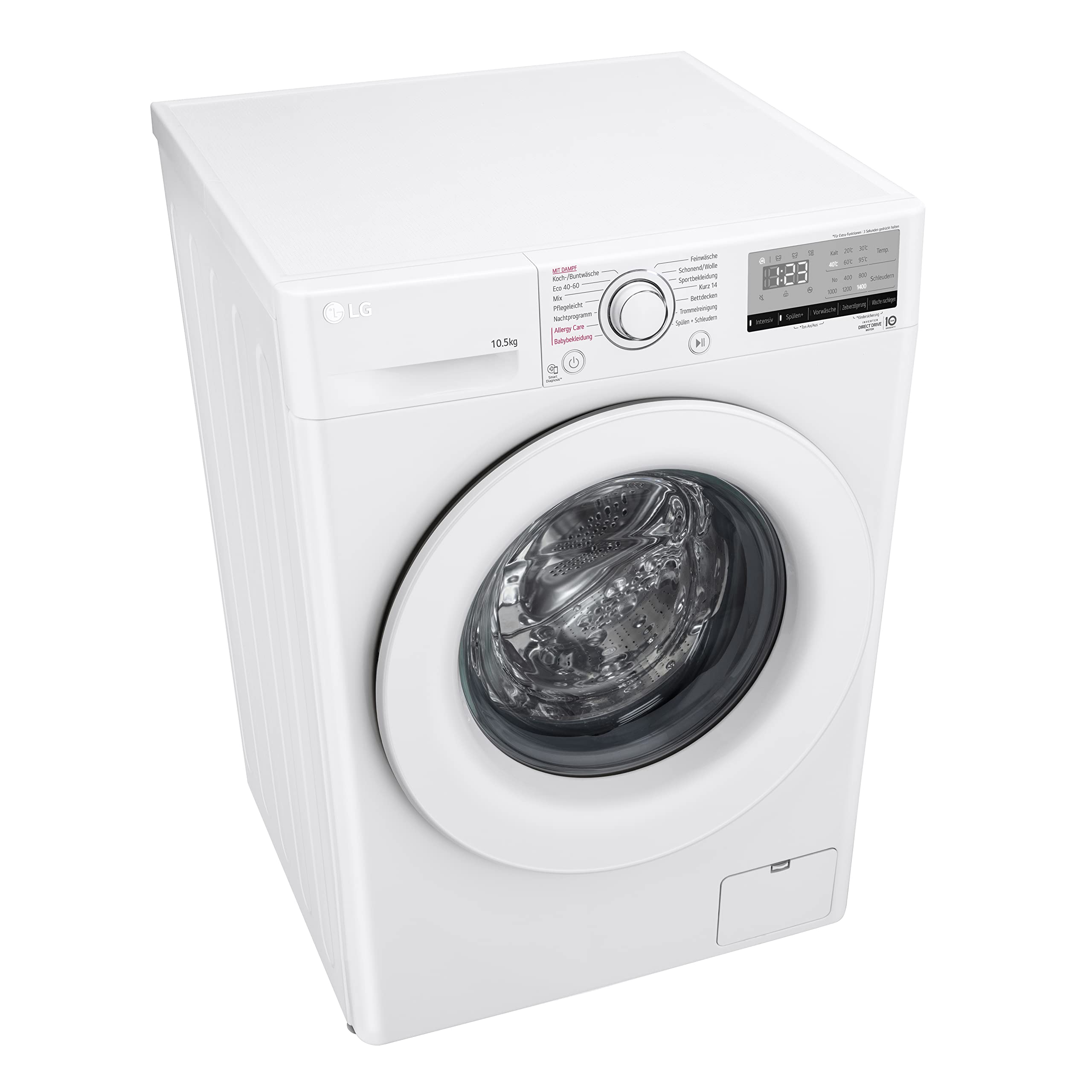 LG F4WV31X3G, Klasse B, Frontlader-Waschmaschine 10,5 kg, 1400 U/min, AI Direct Drive, Wi-Fi, Tiefenreinigung mit Dampf, Größere Kapazität, Außentür aus Sicherheitsglas, 62 x 60 x 85 cm ꟷ Weiß
