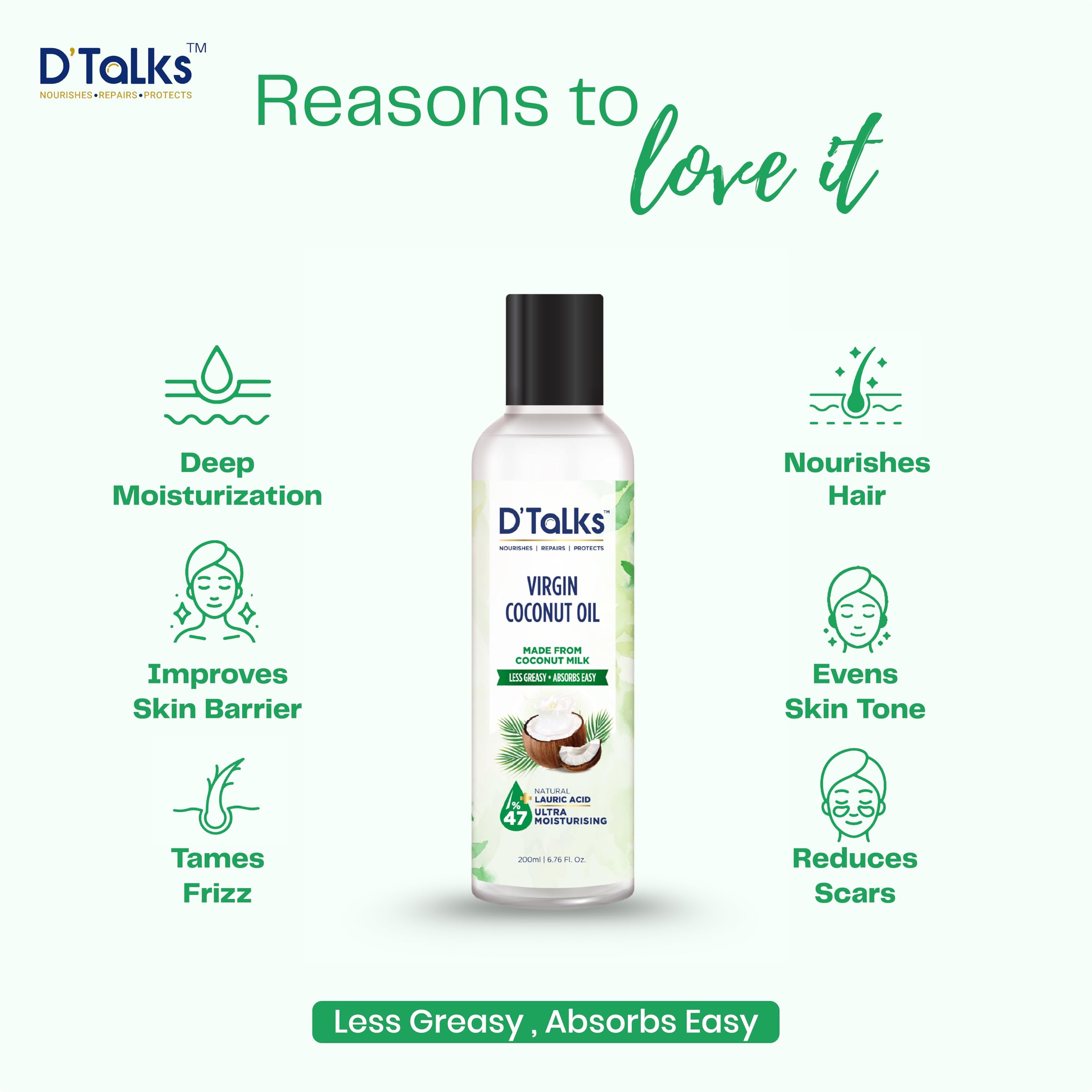 D'Talks Virgin Coconut Oil | Extracted from Coconut Milk | Less Greasy ; Absorbs Easy | Food, Skin & Hair application | Cold Pressed | 100% Pure & Natural | 200ml | - Image 3 thumbnail