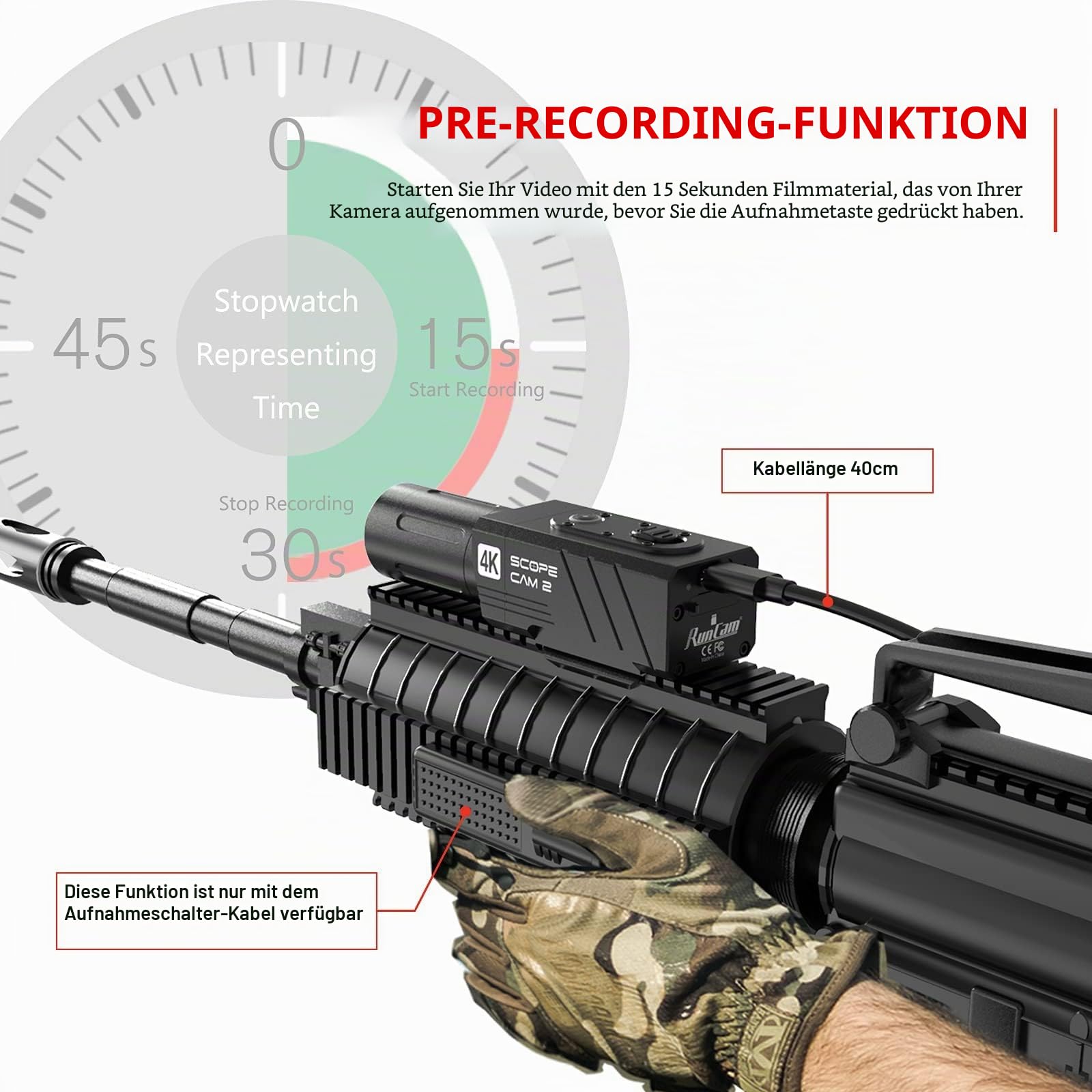 RunCam ScopeCam2 4K Airsoft Kamera 4xDigital Zoom HD Mini WiFi Action Kamera für Airsoft Paintball Jagd taktisches Training mit Aufnahme Schalter Kabel