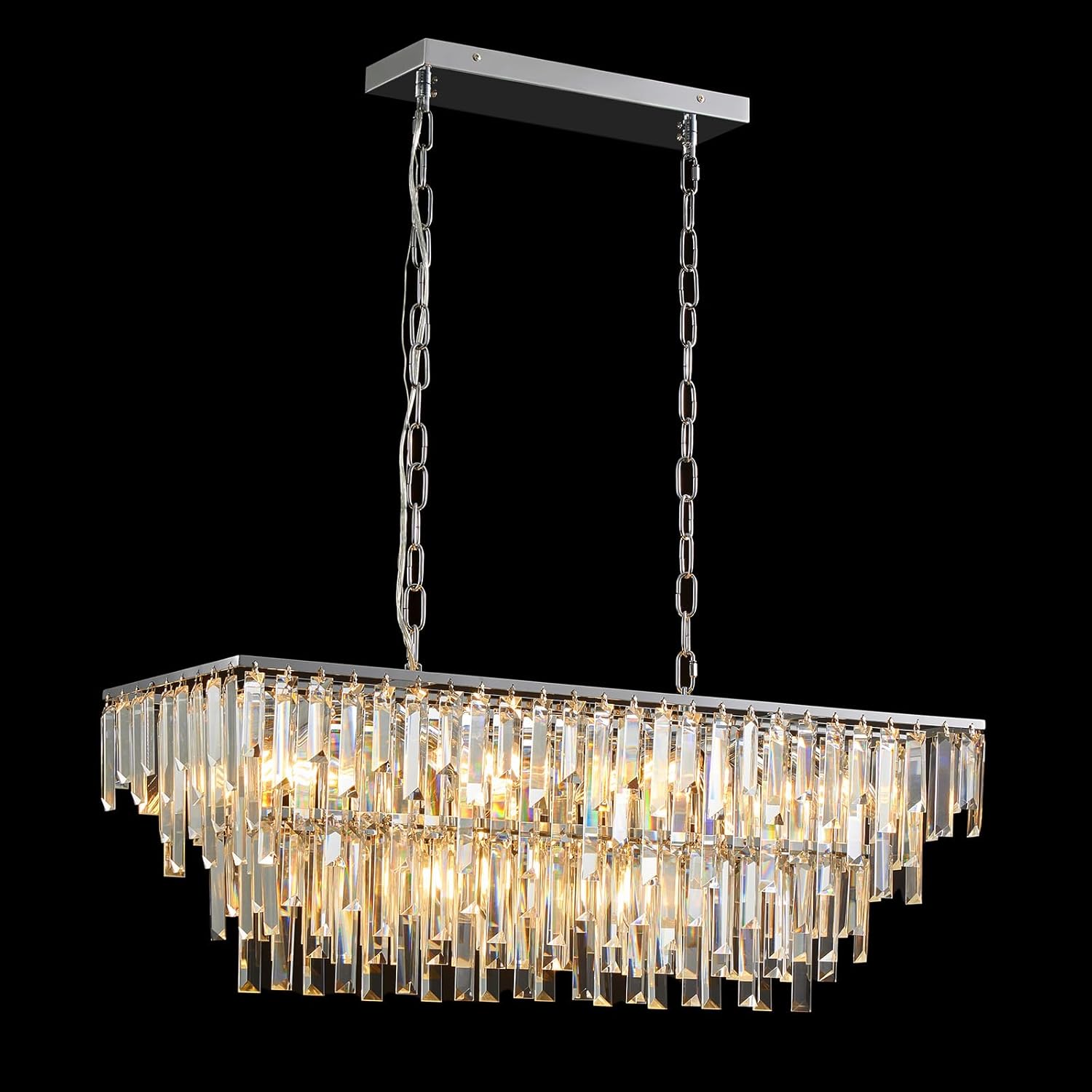 Modern Chrome Rectangle Crystal Chandelier: 2-Tier 31.5" Contemporary Rectangular Dining Room Light Fixture For Living Room Kitchen Island - Silver Linear Adjustable Pendant Lighting For High Ceilings