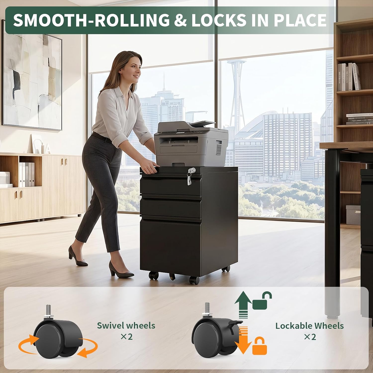 3 Drawer File Cabinet with Lock,Under Desk Filing Cabinet for Home Office Storage Letter/Legal/A4,Mobile Steel Cabinets with Wheels,Fully Assembled,Black